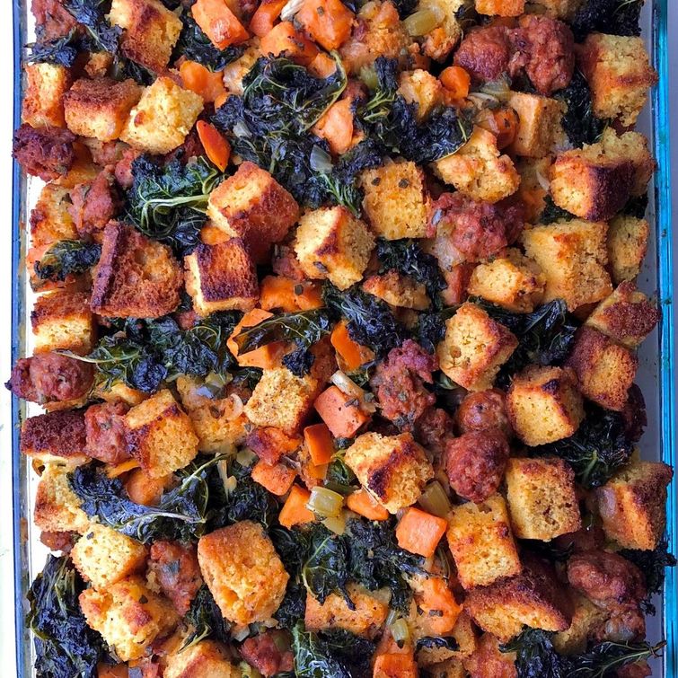 Thanksgiving stuffing in a roasting pan