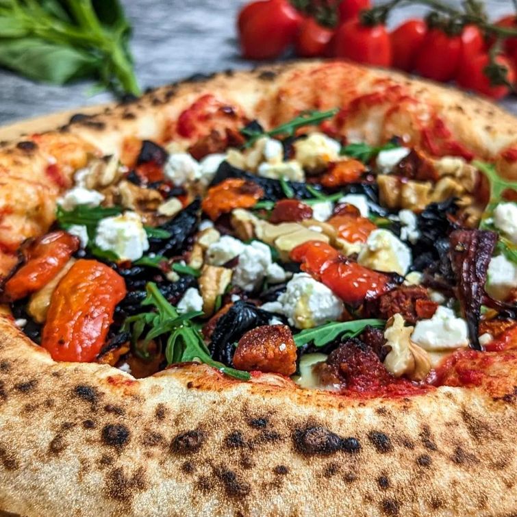 Chorizo and roasted vegetable salad pizza