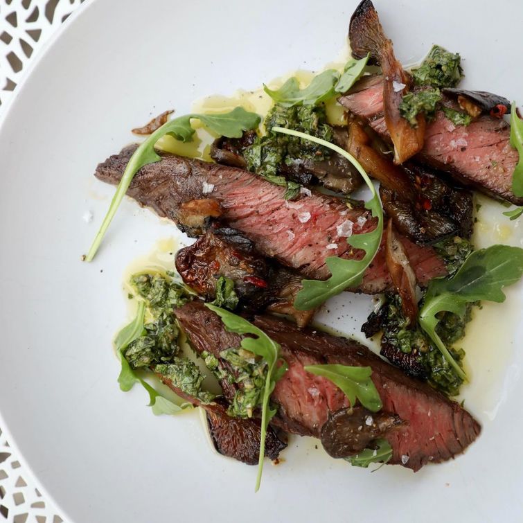Hanger steak with mushroom and salsa verde