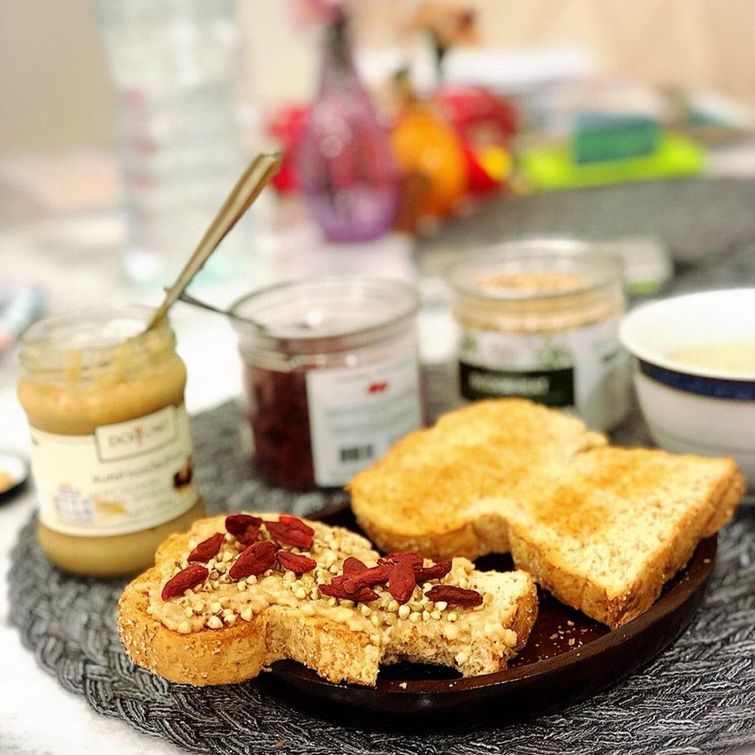 Healthy breakfast with whole wheat bread and superfoods