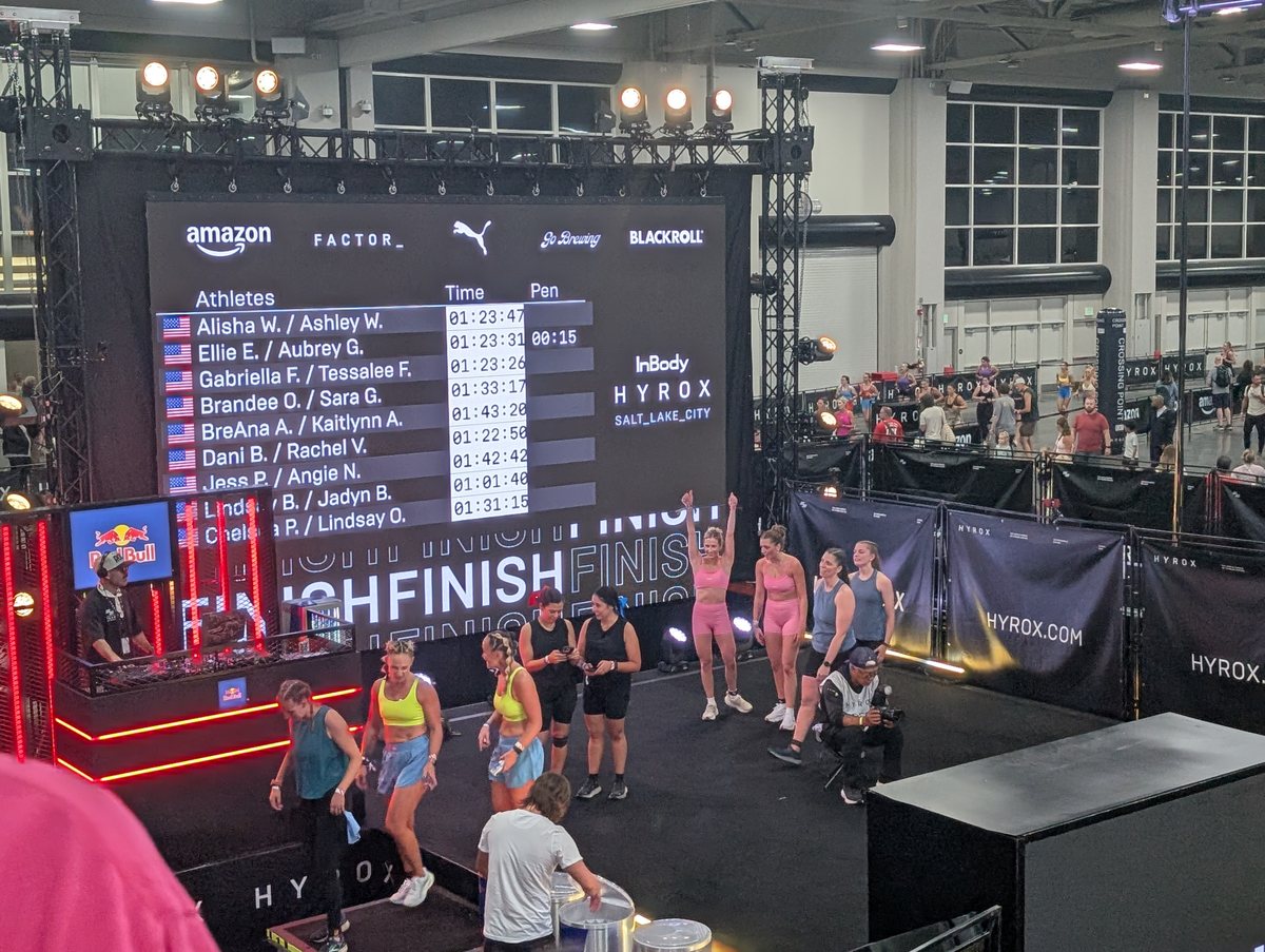 Athletes at the HYROX finish line as times post to the leaderboard