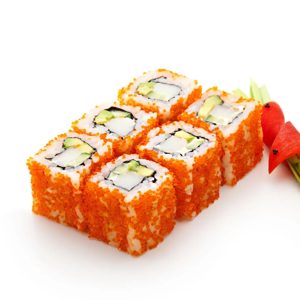 California Maki Sushi with Masago  - Roll made of Crab Meat, Avocado, Cucumber inside. Masago (smelt roe) outside