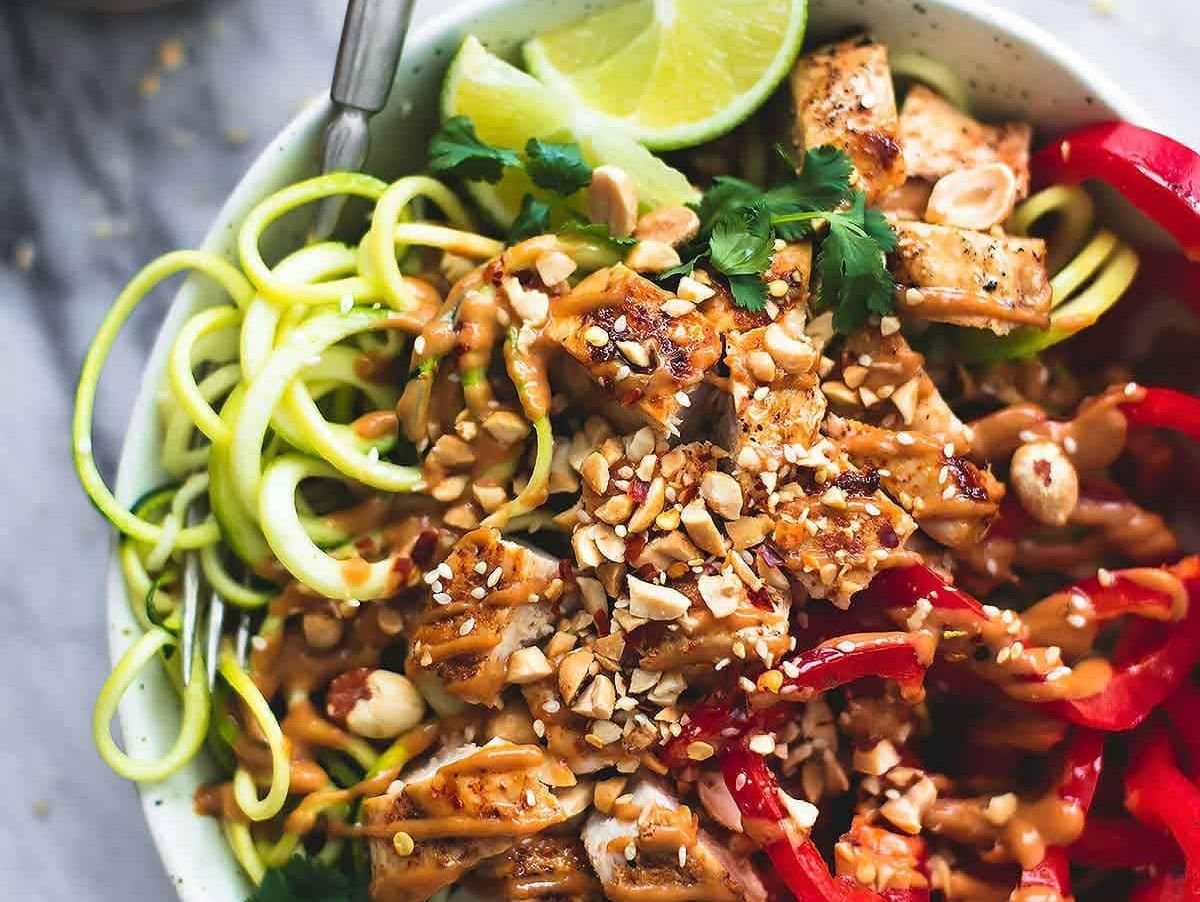 Thai Peanut Chicken Zucchini Noodle Bowl