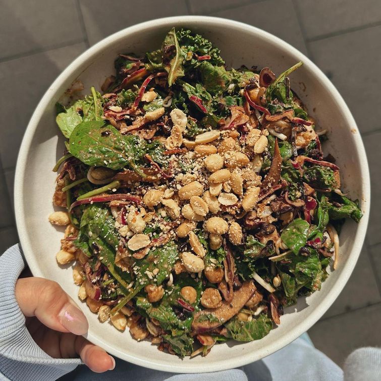 Colorful superfood salad with peanut tamari dressing