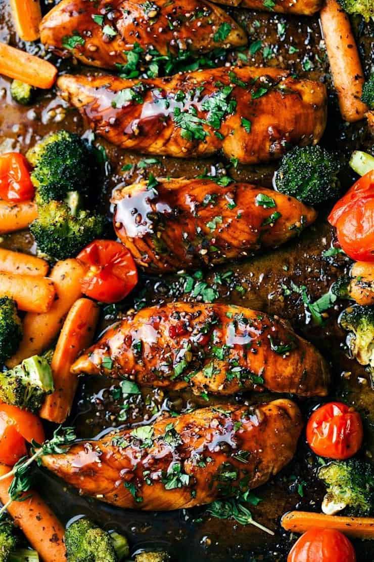 Easy sweet Balsamic chicken and veggies made in one pan. Ten minute prep and twenty minute cooking time this meal is efficient healthy and simple to make