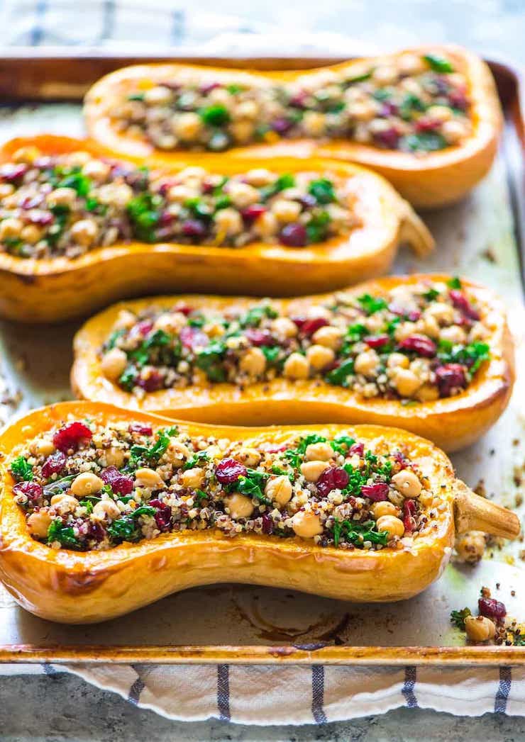 Stuffed Butternut Squash with Cranberries, Quinoa & Kale