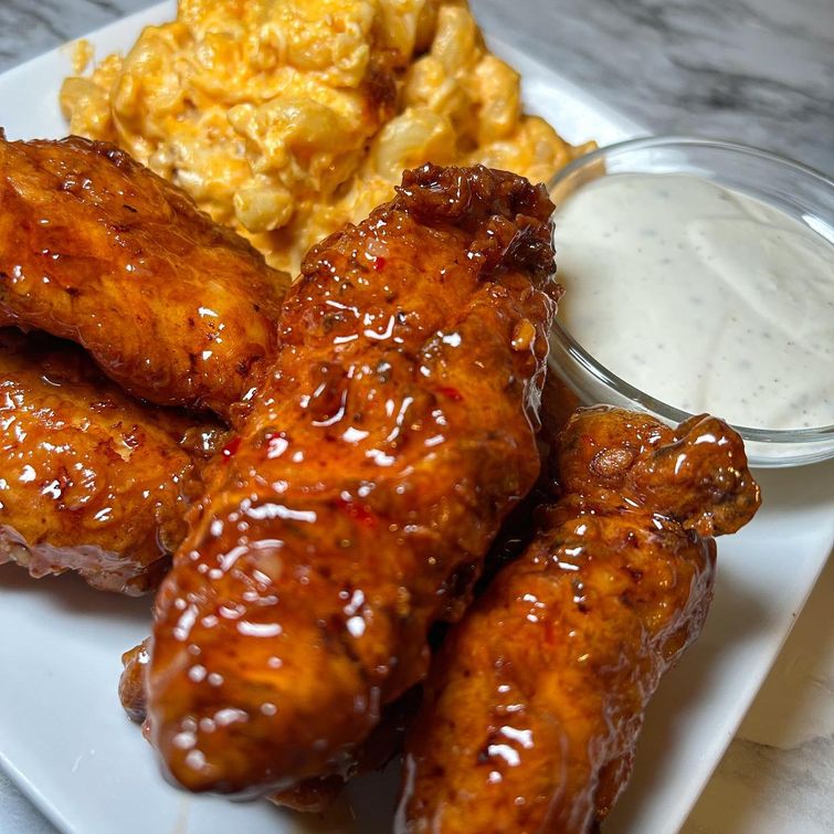 Spicy buffalo chicken dip mac and cheese and sweet Thai chili chicken tenders