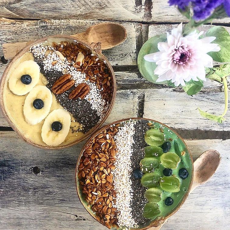Healthy smoothie bowl at beachside cafe