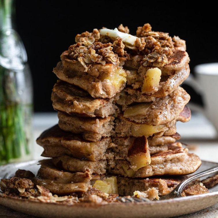 Healthy apple pancakes topped with Greek yogurt