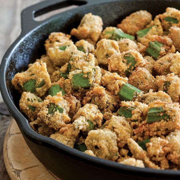 Fried okra in a sizzling skillet