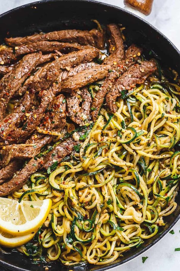 15-Minute Lemon Garlic Butter Steak with Zucchini Noodles