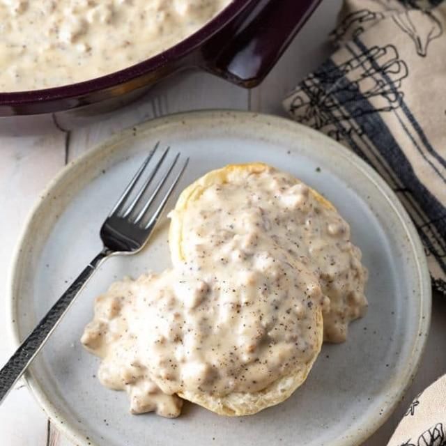 Delicious sausage gravy and biscuits