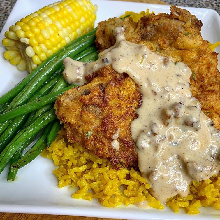 Delicious fried pork chops dinner