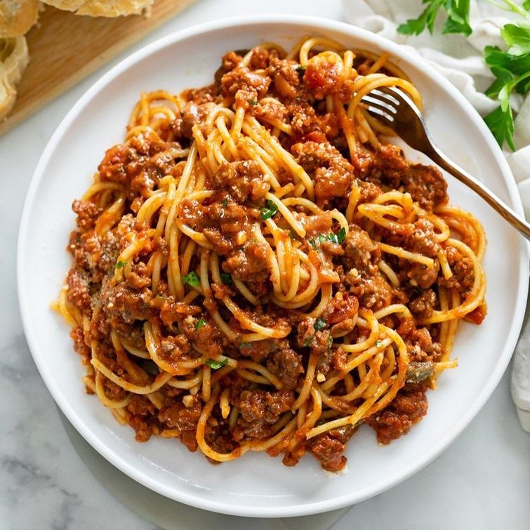 Homemade meat sauce with ground beef and vegetables