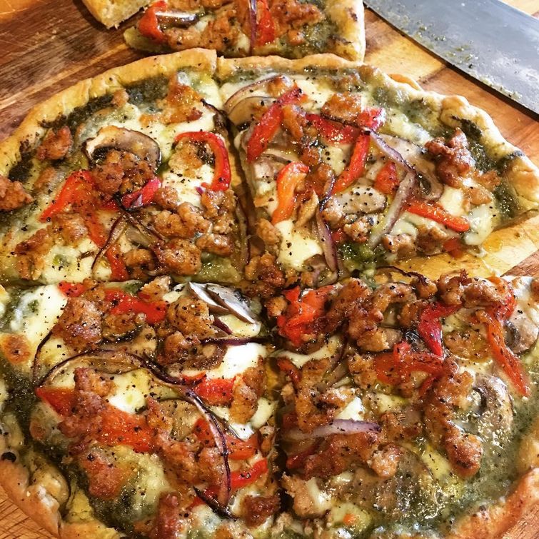 Healthy pizza with chicken sausage and mushrooms