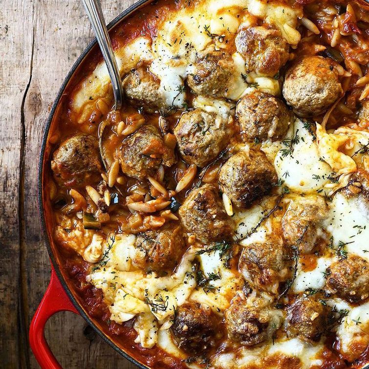 Ground beef and ricotta meatballs in eggplant sauce with orzo