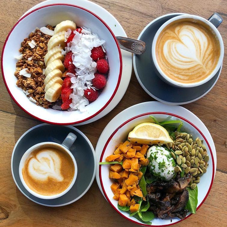 Australian breakfast with coffee and acai bowl