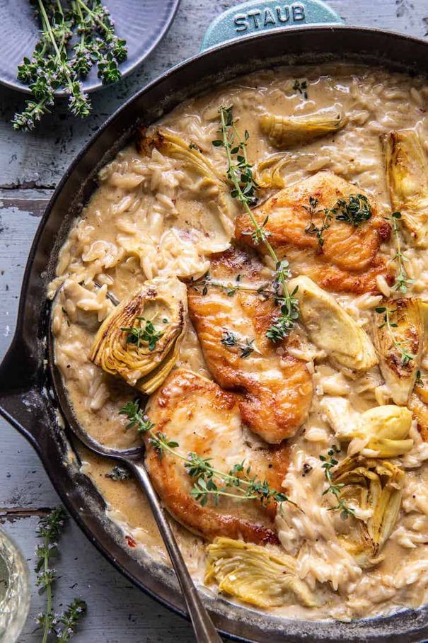 One Skillet Creamy Artichoke Chicken Marsala and Orzo