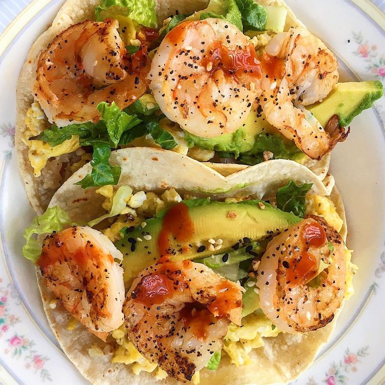 Homemade shrimp tacos with egg and cauliflower rice