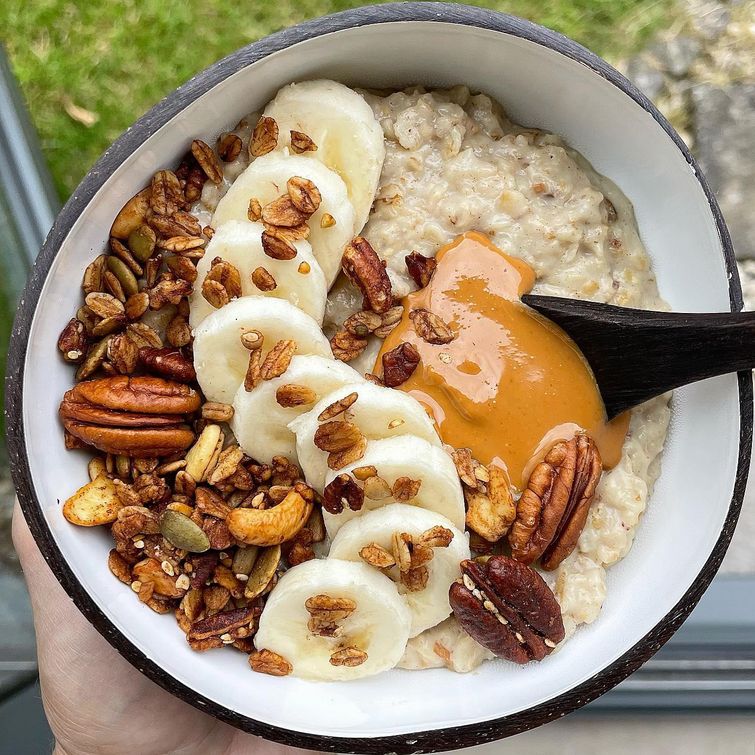 Peanut butter and maple pecan granola bowl