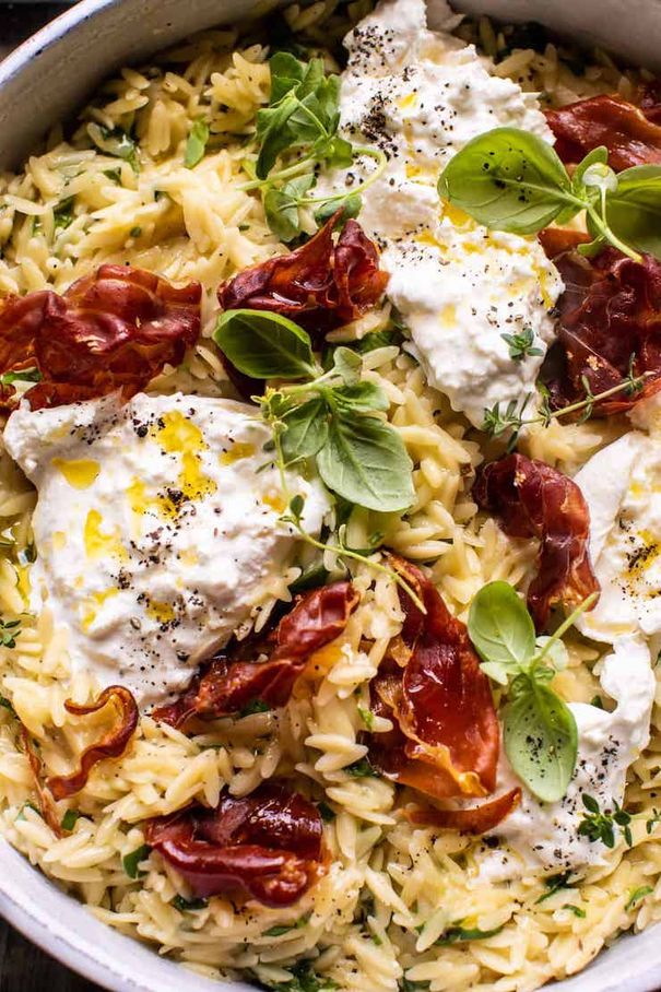 Orzo Carbonara With Crispy Prosciutto & Burrata