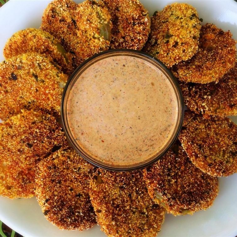 Fried green tomatoes on a sandwich