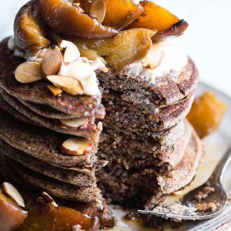 Healthy gluten-free buckwheat pancakes with roasted peaches