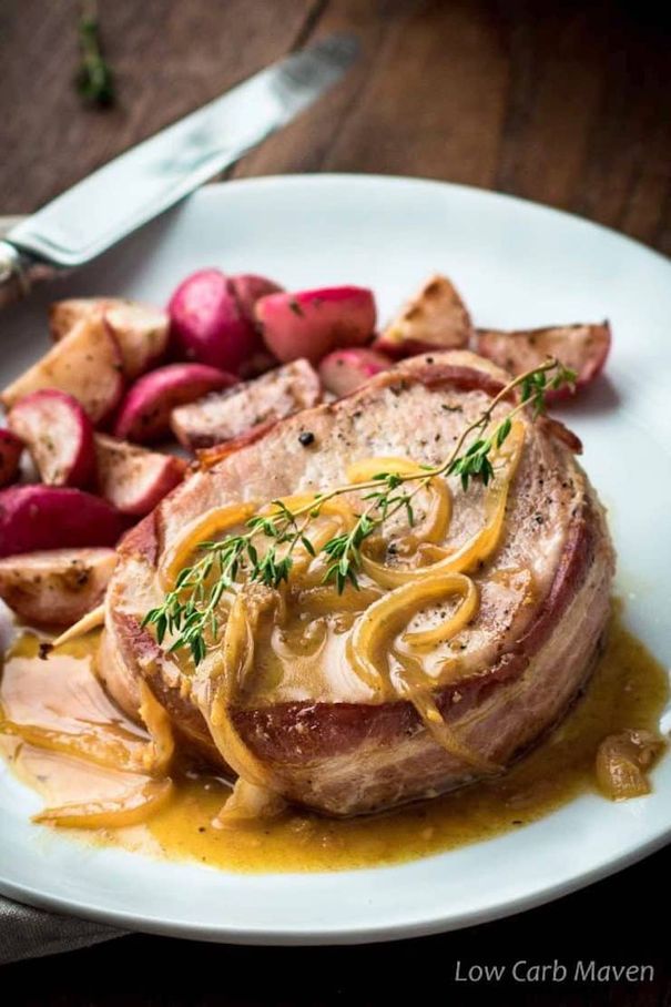 Bacon Wrapped Pork Chops With Apple Cider Vinegar Glaze