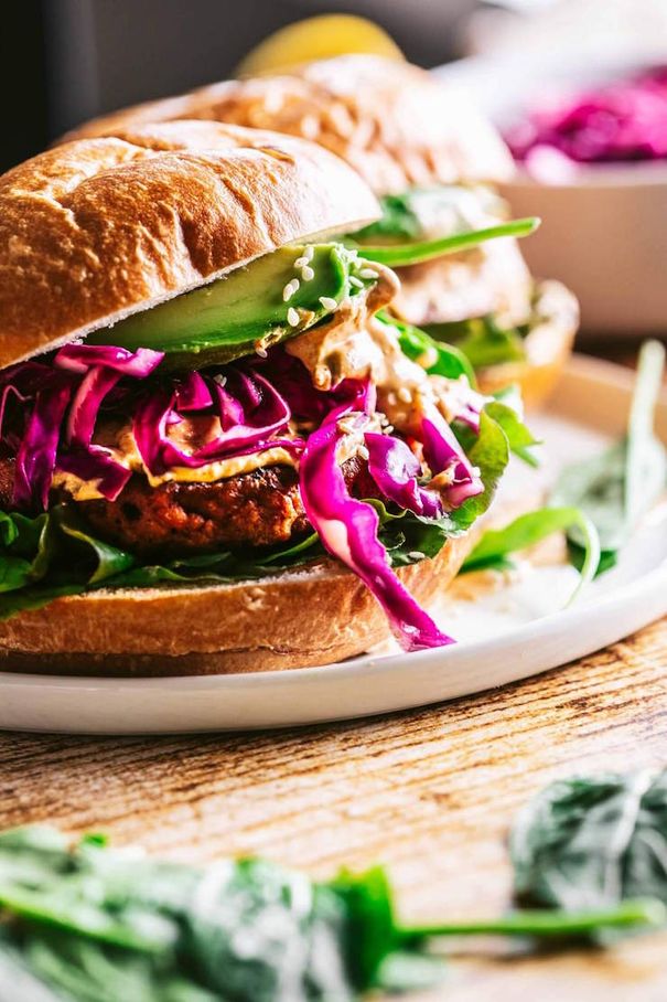 Veggie Burgers with Pickled Cabbage & Tahini Sauce