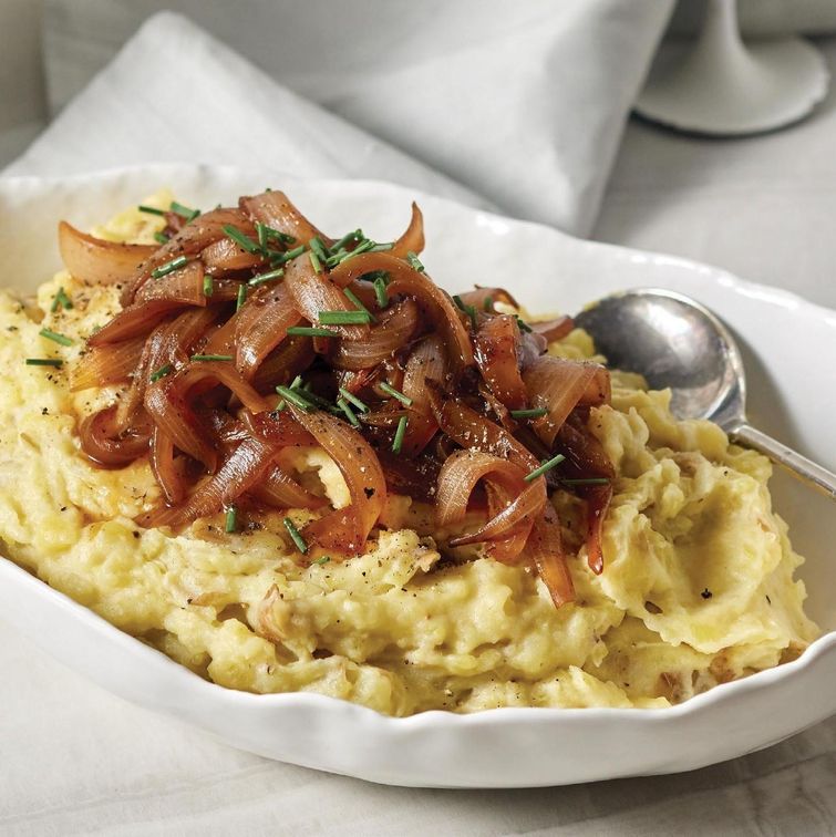 Caramelized onions on mashed potatoes