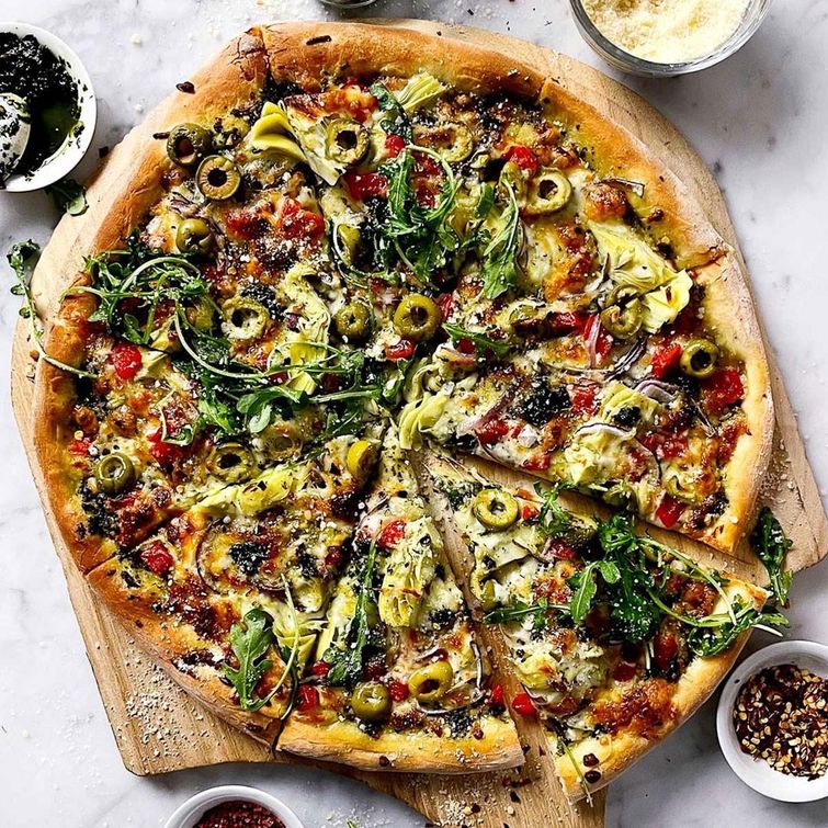 Mediterranean pizza loaded with veggies