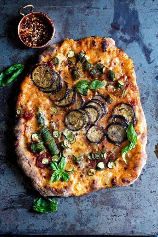 Spicy Eggplant & Zucchini Pizza With Sun Dried Tomato Pesto