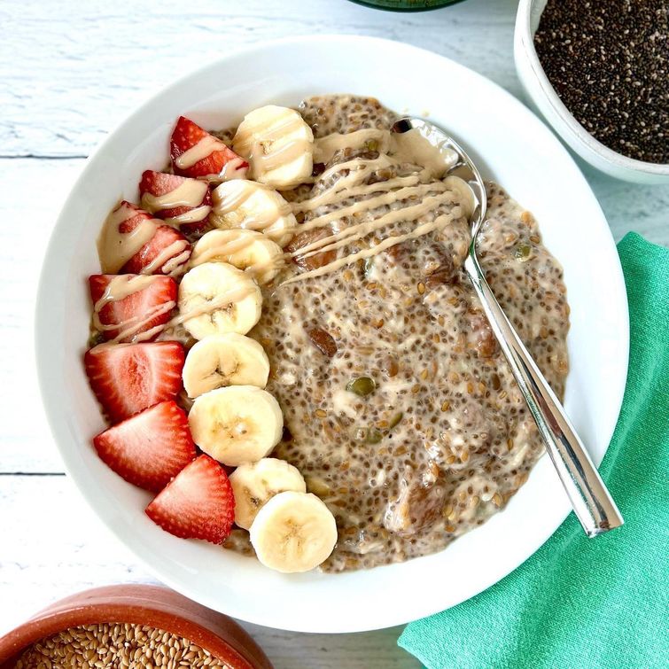 Bowl of warm chia pudding with seeds