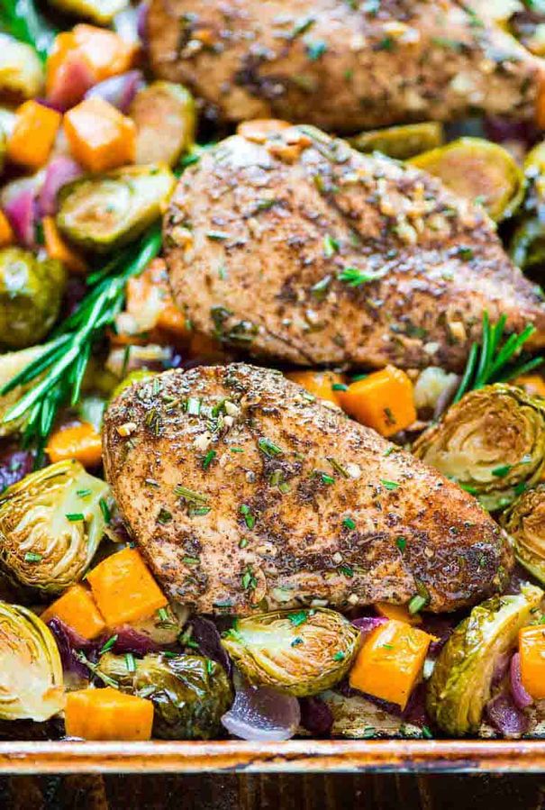 Chicken with Sweet Potatoes Apples and Brussels Sprouts