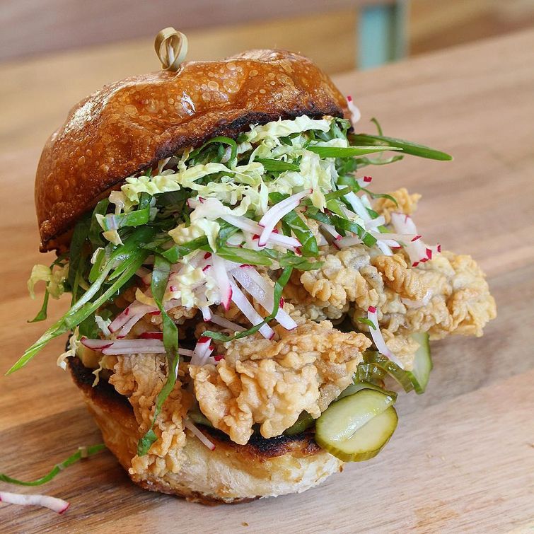 Po Boy sandwich with fried oysters and slaw