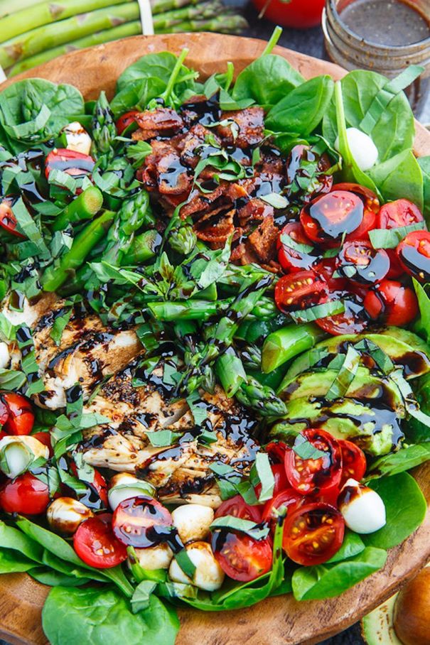 Grilled Chicken Asparagus Caprese Spinach Salad with Bacon and Avocado