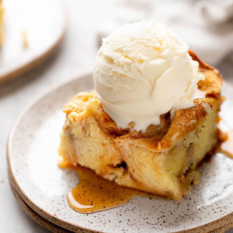 Delicious bread pudding with ice cream and berries