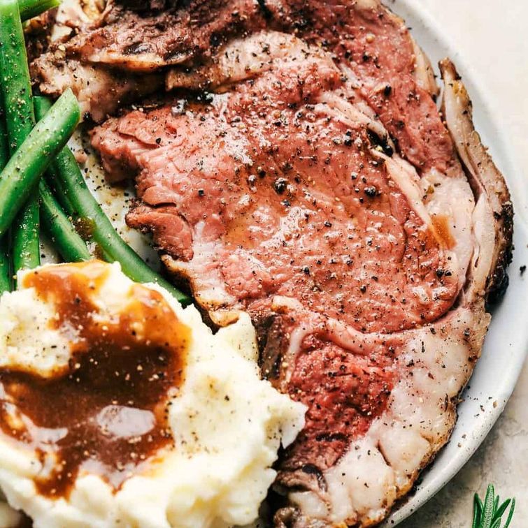 Juicy prime rib with garlic butter herb crust