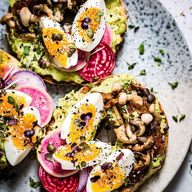 Avocado toast with mushrooms, eggs, and beets